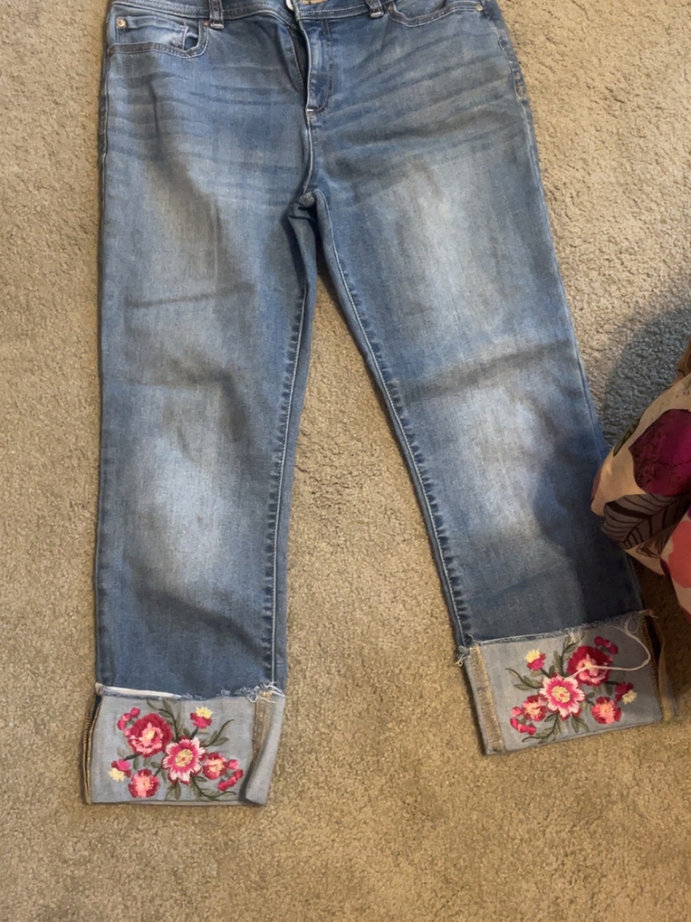 INC International Concepts Light Blue Cropped Jeans with Pink Floral Embroidery